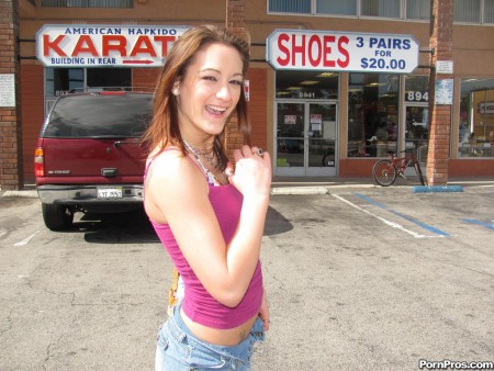 Худая малышка с длинными ногами Michelle Myers трахается в свою гладкую киску не снимая мини-юбки